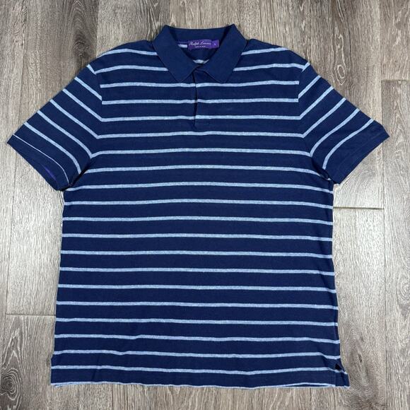 Ralph Lauren Purple Label Blue White Striped Cotton Linen Polo Size Mens L - Picture 1 of 9